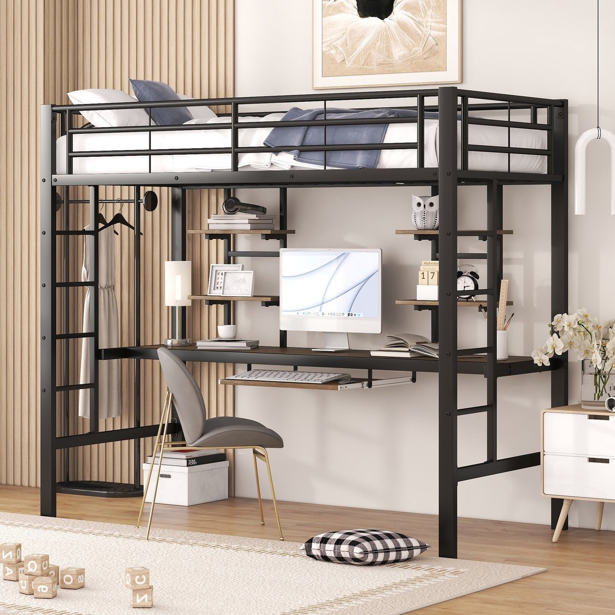 Sweiko Hoogslaper voor kinderen met bureau en opbergplank, zwart, 90 x 200 cm