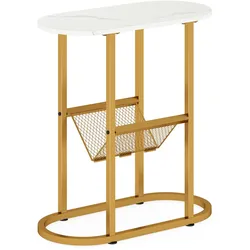 COSTWAY ovaler 2-stufiger Beistelltisch mit Zeitschriftenhalter, Metallgestell, Weiß-Gold