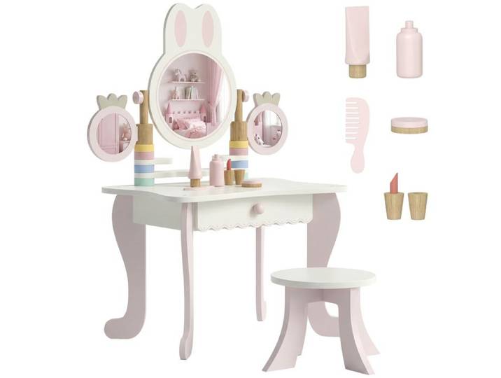 Coiffeuse enfant avec tabouret - Meuble de jeu à miroir - Tiroir - 6 accessoires - Dès 3 ans - Rose - 55 x 37 x 87 6 cm - EUJIGSHOP