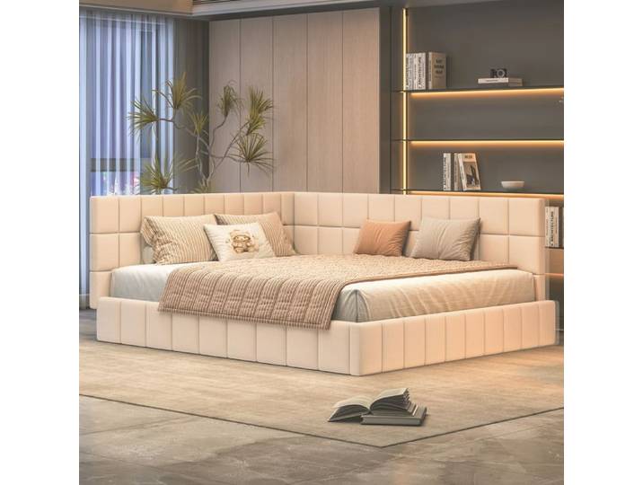 Lit banquette Double 160×200 cm convertible dossier et accoudoir - YEAVIO - sans matelas velours beige