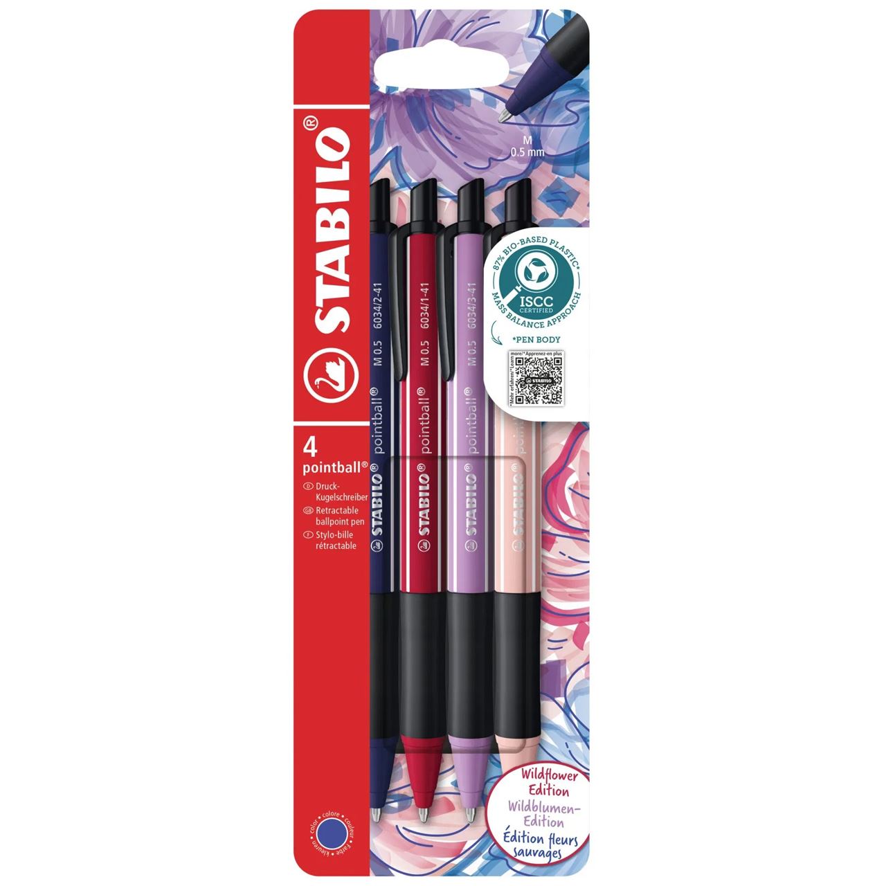 STABILO Kugelschreiber-Set pointball NatureCOLORS Wildflowers farbsortiert, Schreibfarbe: blau, 4 St.
