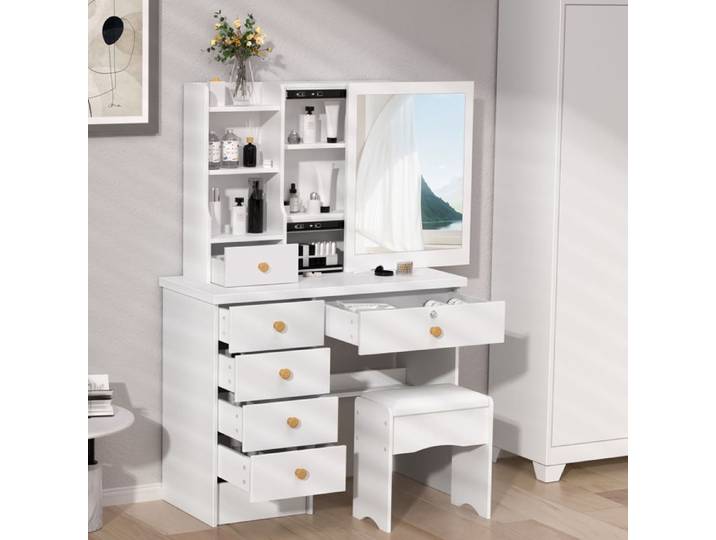 Coiffeuse avec Miroir - Curfair - avec 1 Tabouret 6 Tiroirs 5 Étagères de Rangement Blanc 80x37x122cm