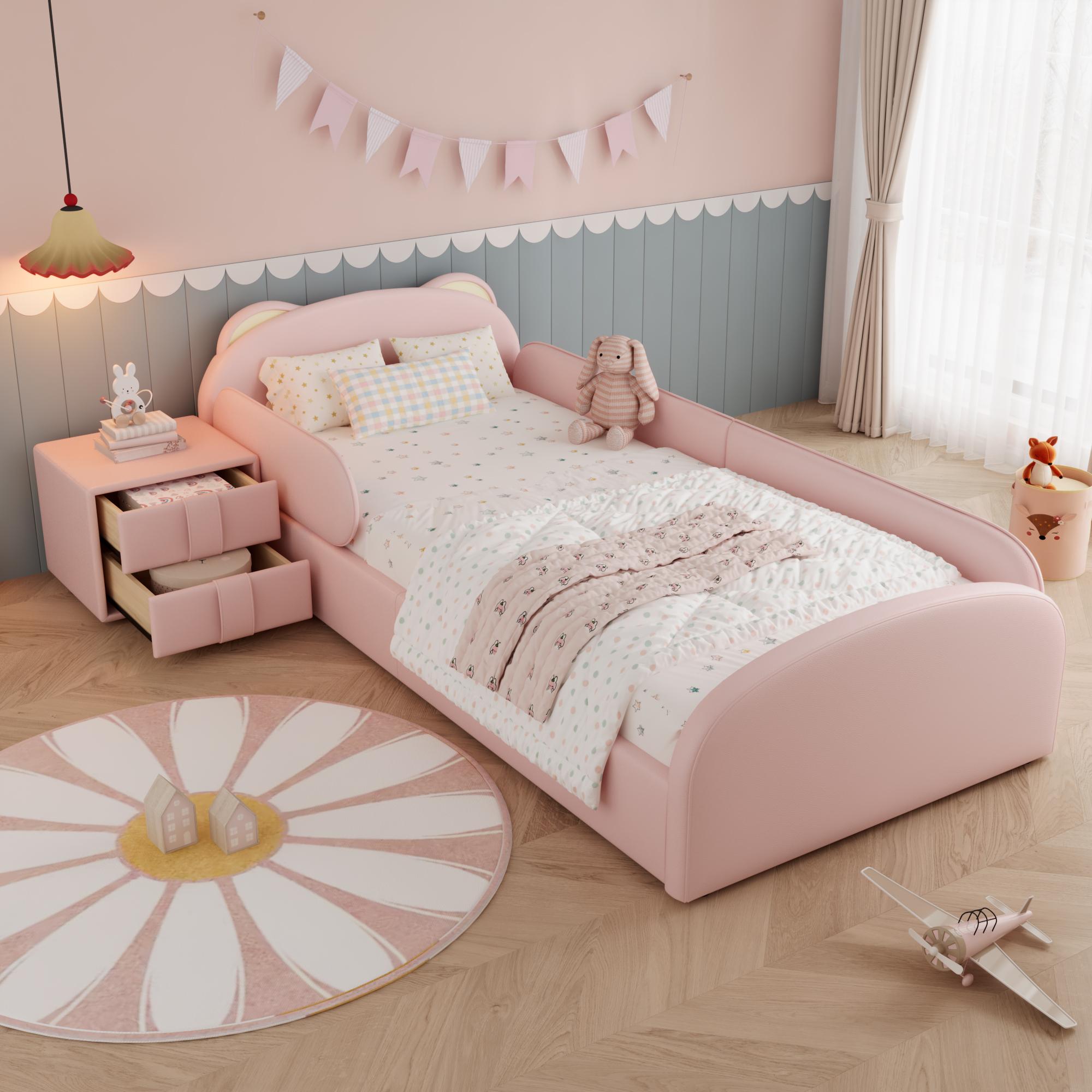 STILVORA Polsterbett 90x200 cm mit Matratze Einzelbett mit Bären-Kopfteil und Nachttisch im gleichen, Kinderbett mit Anti-Kollisions-Schwammkante