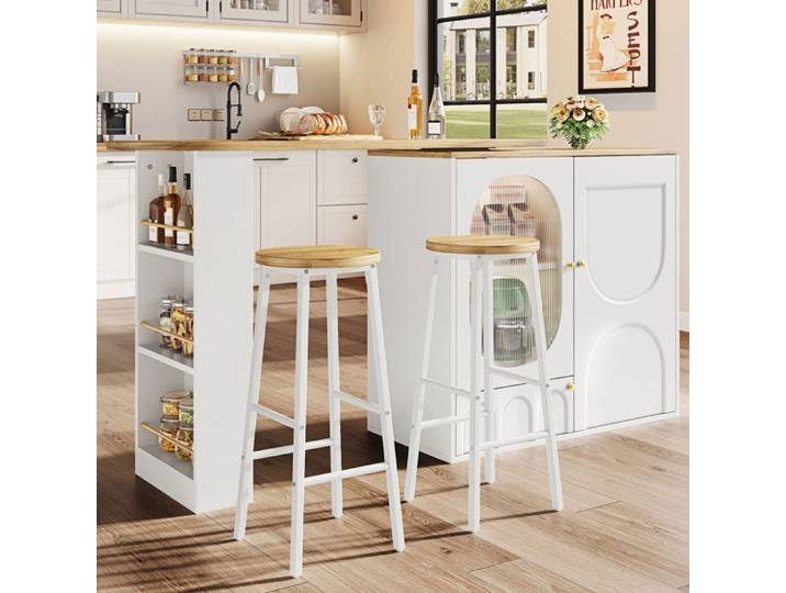 Ensemble bar cuisine îlot blanc avec rangement et 2 tabourets