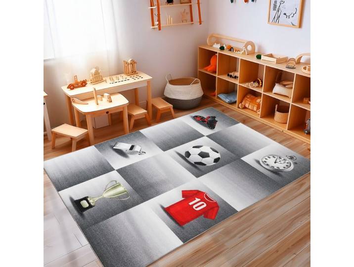 Tapis d'enfants motif de football garçons tapis de jeu antidérapant lavable Gris 160 x 230 cm