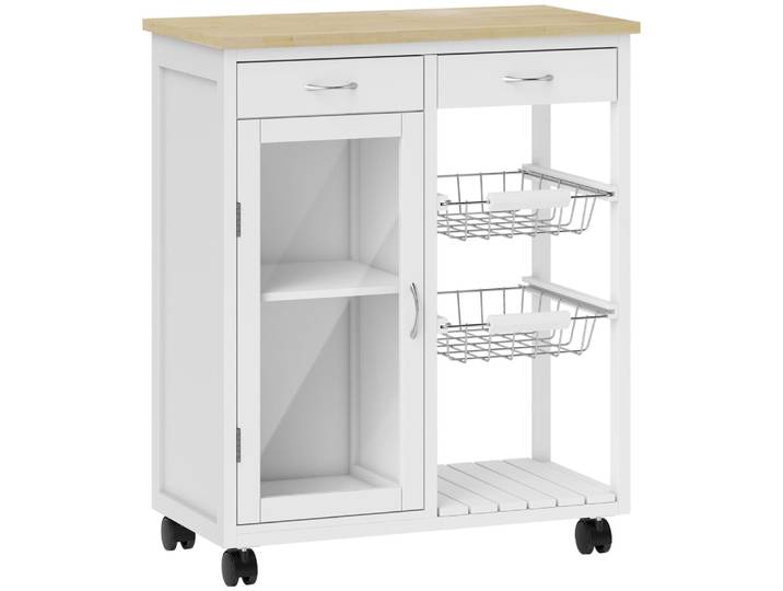 Desserte de cuisine roulettes plateau en bambou porte vitrée mdf blanc