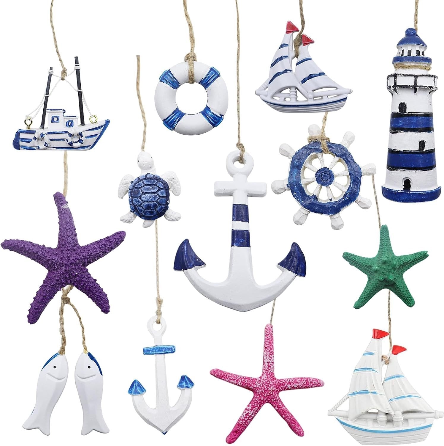 Maritieme Decoratie Set met 13 Stuks: Hangende Anker, Sterrenvis en Reddingsring voor Strand en Vissen