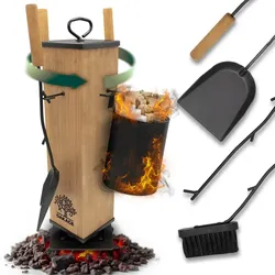 OAKAGE LuxeLeather Kaminbesteck mit Zündholzkorb, 5 teilig, drehbar, aus Buchenh...