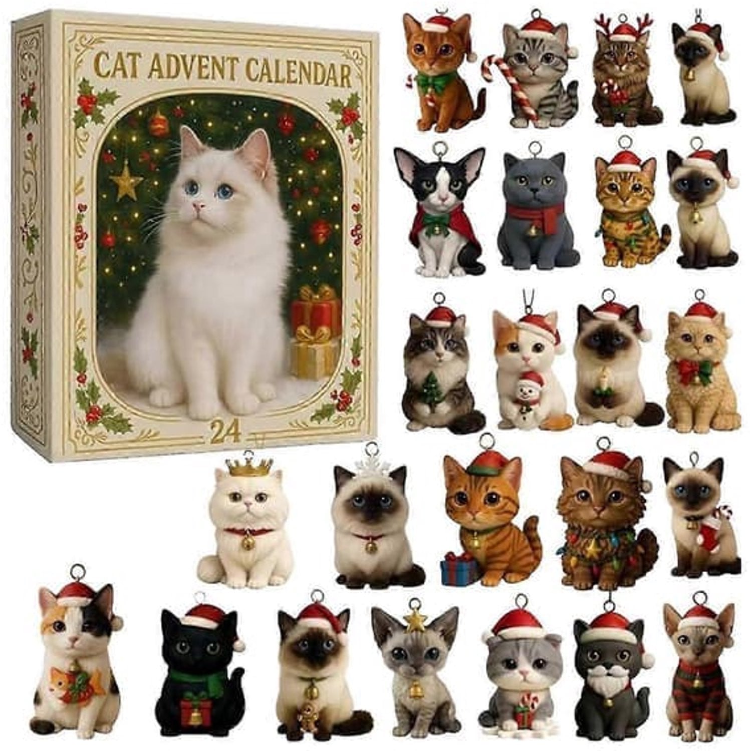 Multicolor kerstkalender voor kattenliefhebbers met dierfiguren