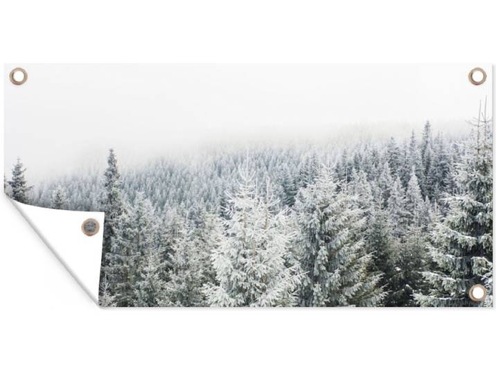 Tuinposter - Tuinschilderij bos - Bos - Winter - Sneeuw - Tuindecoratie - Tuindoek - Bomen - Natuur - 160x80 cm