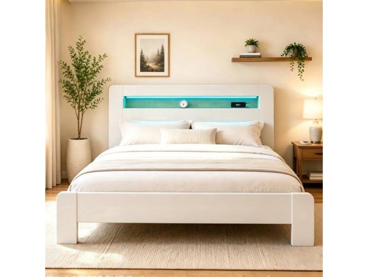 Lit plateforme - LEMONBEST - 180 x 200 - LED intégrée - Tête de lit rangement & prises - Bois massif