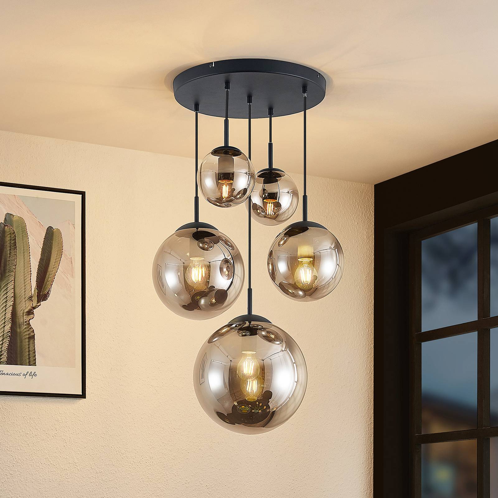 Glass Pendant Light Teeja Lindby, dimmable, Alu / grey / zinc, Living / Dining Room, Glass, Vintage, Ceiling Light