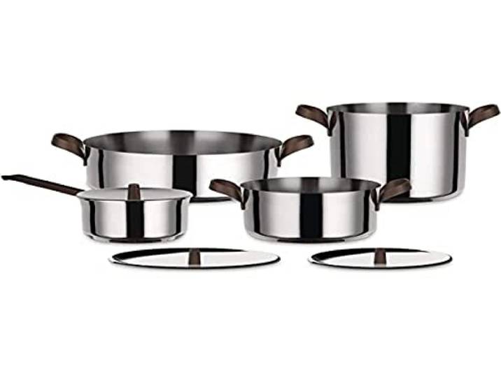 Alessi Edo PU100S7 - Design-Kochtopfset, Edelstahl 18/10, 7-teilig Kochtopfset, entworfen von Patricia Urquiola, mit PVD-beschichteten Griffen, für jede Garmethode und alle Herdarten