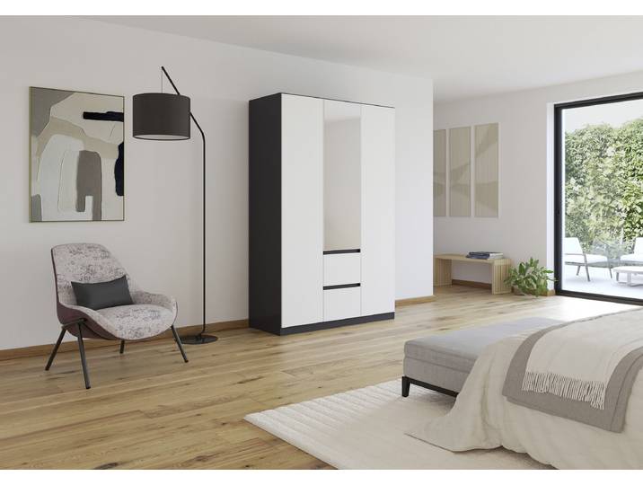Drehtürenschrank Mainz 136cm Grau/Weiß/Alpinweiß/Graumetallic Basic mit Spiegeltür/-en