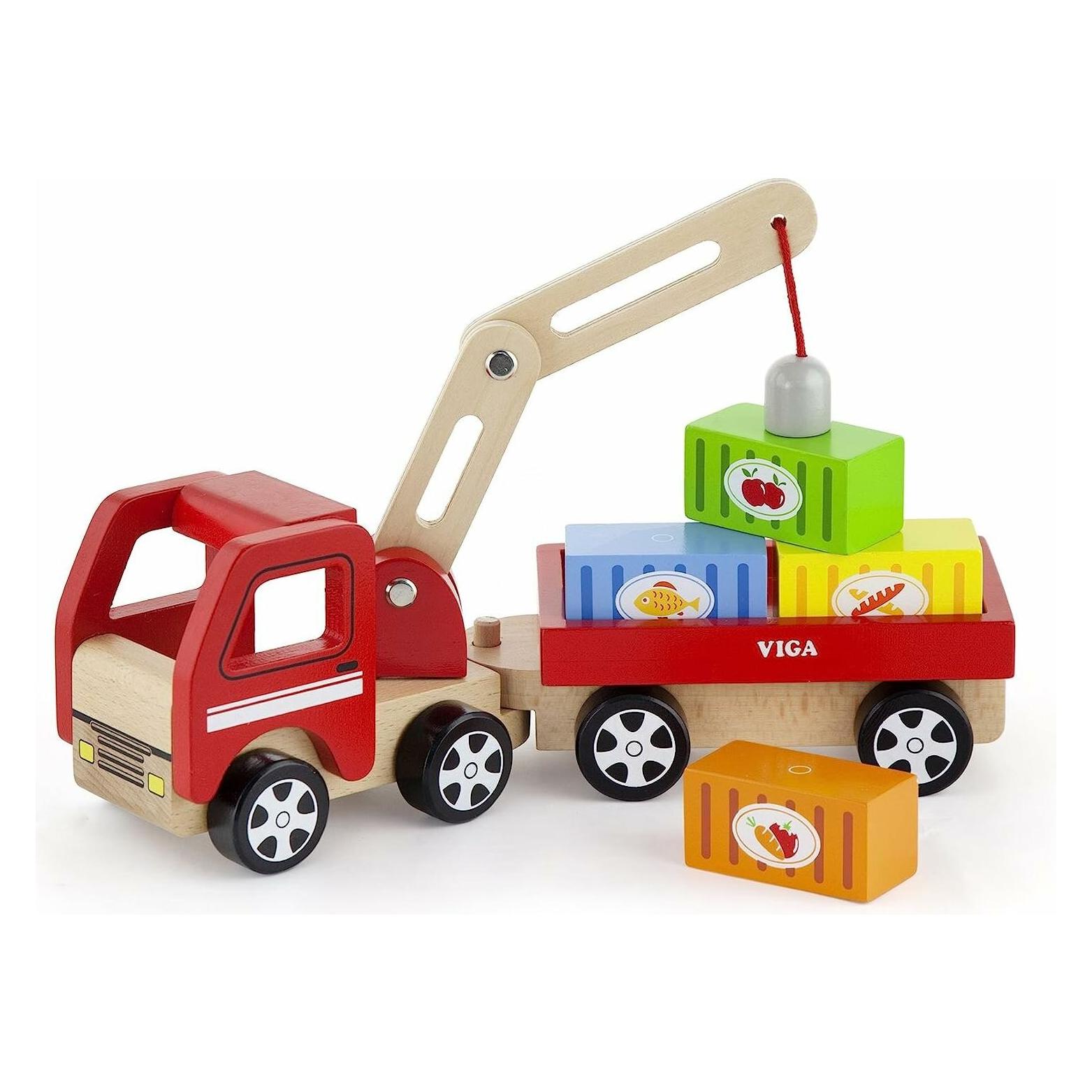 Viga Toys Spielzeug Holzkran mit Containern (50690)