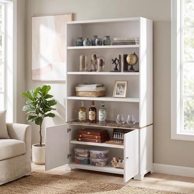 "91.1"" Modern Tall Bookcase Storage Cabinet with Faux Marble Print Tabletop, 3 Open Display Shelves & Fluted Double Doors"