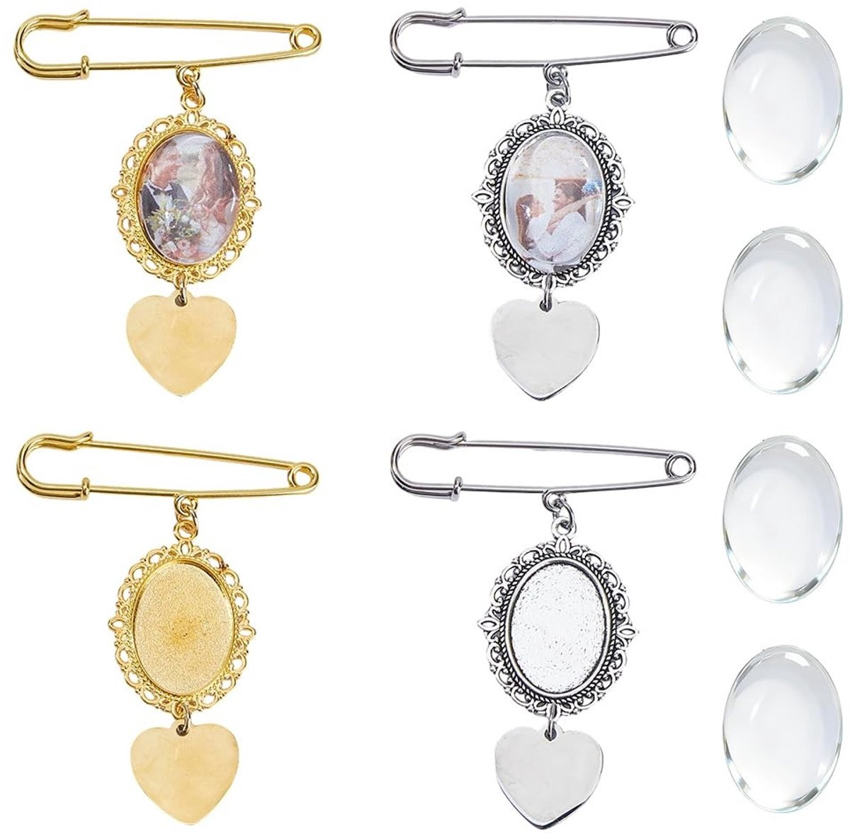 Dailygoods Foto Charm Uniek Kanten Frame - 4 Stuks - Hartontwerp - Glazen Cabochons voor Bruidsboeket en Boeketdecoratie