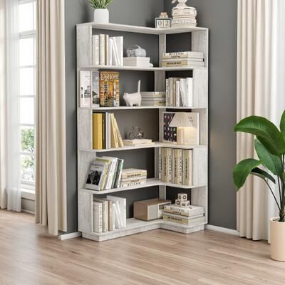 ZWYO HOSIMU "64.6"" Tall L-Shaped Corner Bookshelf with Anti-Tip & Anti-Drop Design, Open Display Cabinet for Living Room Study.."