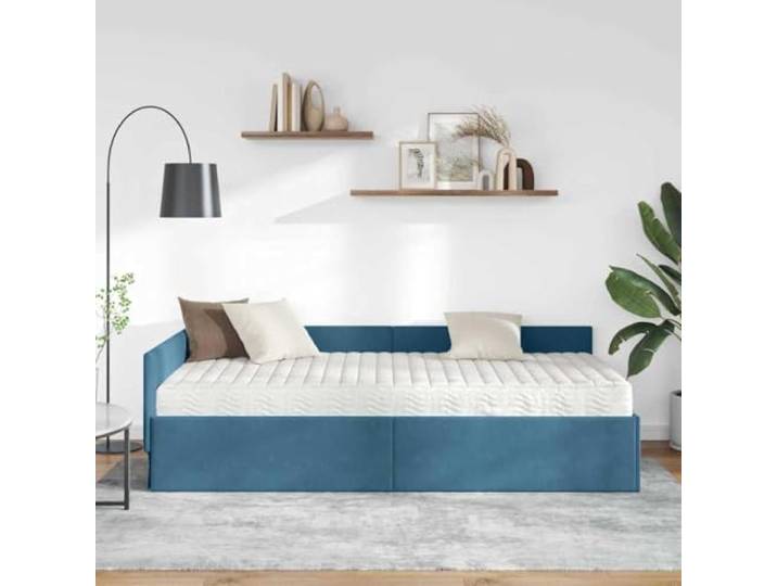 KTHLBRH Eck-Bettgestell aus Samt, Blau, 2 Stück Kopfteil verstellbar, Matratze inklusive, Sperrholz, 80 x 200 cm
