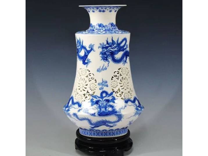 Vase Loong creux à double couche en pneu mince chinois, Jingdezhen, vase peint, Chine