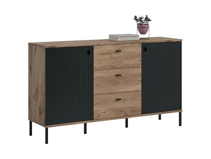 xonox.home – Sideboard Chess 154x89x41 cm in Schwarz Tiefzieh und Nox Oak Nachbildung – Kommode mit 2 Türen & 3 Schubkästen – Vielseitiger Stauraum für Geschirr oder Unterlagen im modernen Design