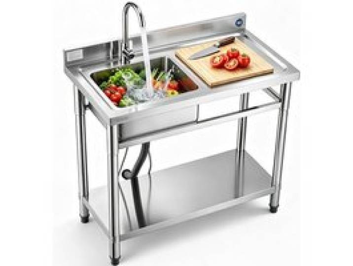 VEVOR Spültisch Spülbecken Edelstahl (100 x 50 x 94 cm), Einzelbecken mit Wasserhahn & Ablage, Küchenspüle für Garage Restaurant Wäscherei, Waschtisch Außenspüle mit Arbeitsplatte (recht)