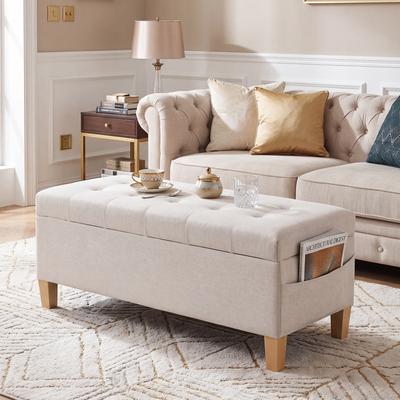 "Adeco 40"" Tufted Storage Ottoman Bench with Side Pocket, Chenille Bench for Entryway, Bedroom, Living Room"