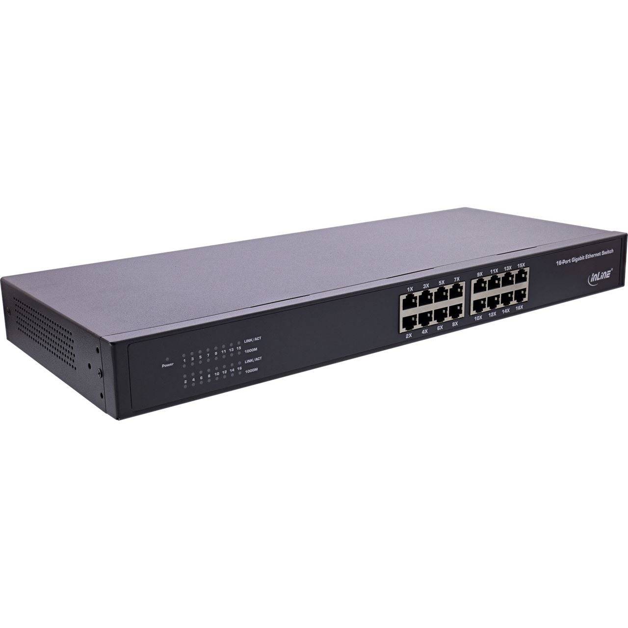 InLine Gigabit Netzwerk Switch 16-Port, 1GBit/s, 48,26cm (19"), Metall, lüfterlos