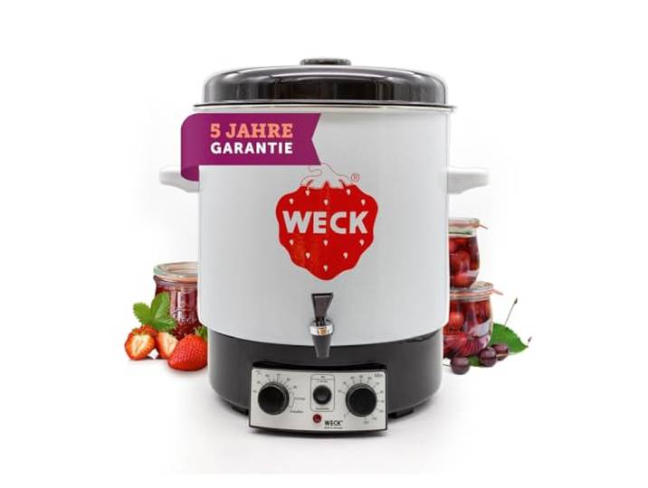 WECK Einkochautomat WAT15-A Emaille mit Präzisionsthermostat, Auslaufhahn & Zeitschaltuhr – 29L Einkochtopf, Glühweinkocher, Dampfentsafter, Einweckautomat – Made in Germany