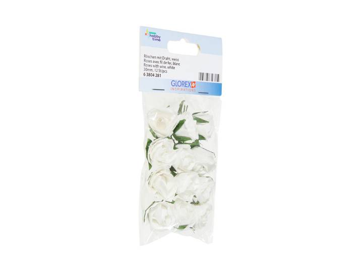 Glorex Röschen mit Draht Weiss 30 mm 12 Stück