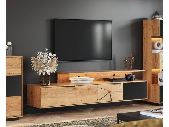 Lowboard Tirano mit Hirnholz - Front mit Schwarzglas in Wildeiche natur geölt – Montierte Lieferung – 3%-Vorkasse-Rabatt