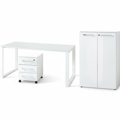 Büro-Set 3-tlg Komplett MUENCHEN Weiß | Schreibtisch & Aktenschrank & Container | Glasplatte Soft-Close Abschließbar | Made in Germany | Kadima Design