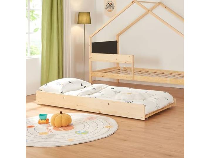 [en.casa] Doppel-Kinderbett Sodankylä Kleinkindbett mit Ausziehbett in Haus-Optik Bettgestell aus Kiefernholz Hausbett mit Zustellbett 90x200cm Natur/Schwarz