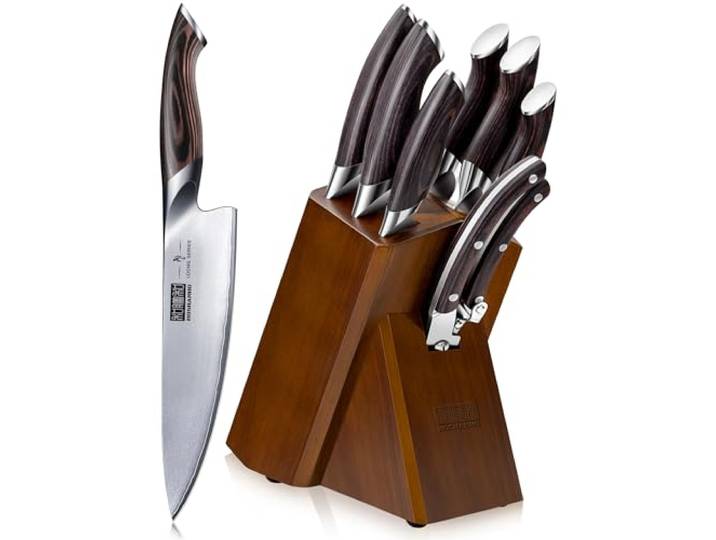 HOSHANHO Messerblock Set mit 8-TLG, Profi Scharf Messerset mit Holzblock Scharf Edelstahl Küchenmesser Set Kochmesser Set für Küche