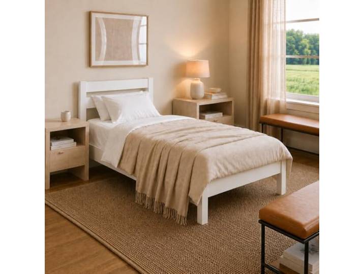 ESTADESIGN Standard Einzelbett – Holzbett 120x200 cm (Weiß), ohne Lattenrost – Massivholzbett mit Kopfteil I Birkenholz I FSC®-Zertifiziert Skandinavisches Design Emissionsarm