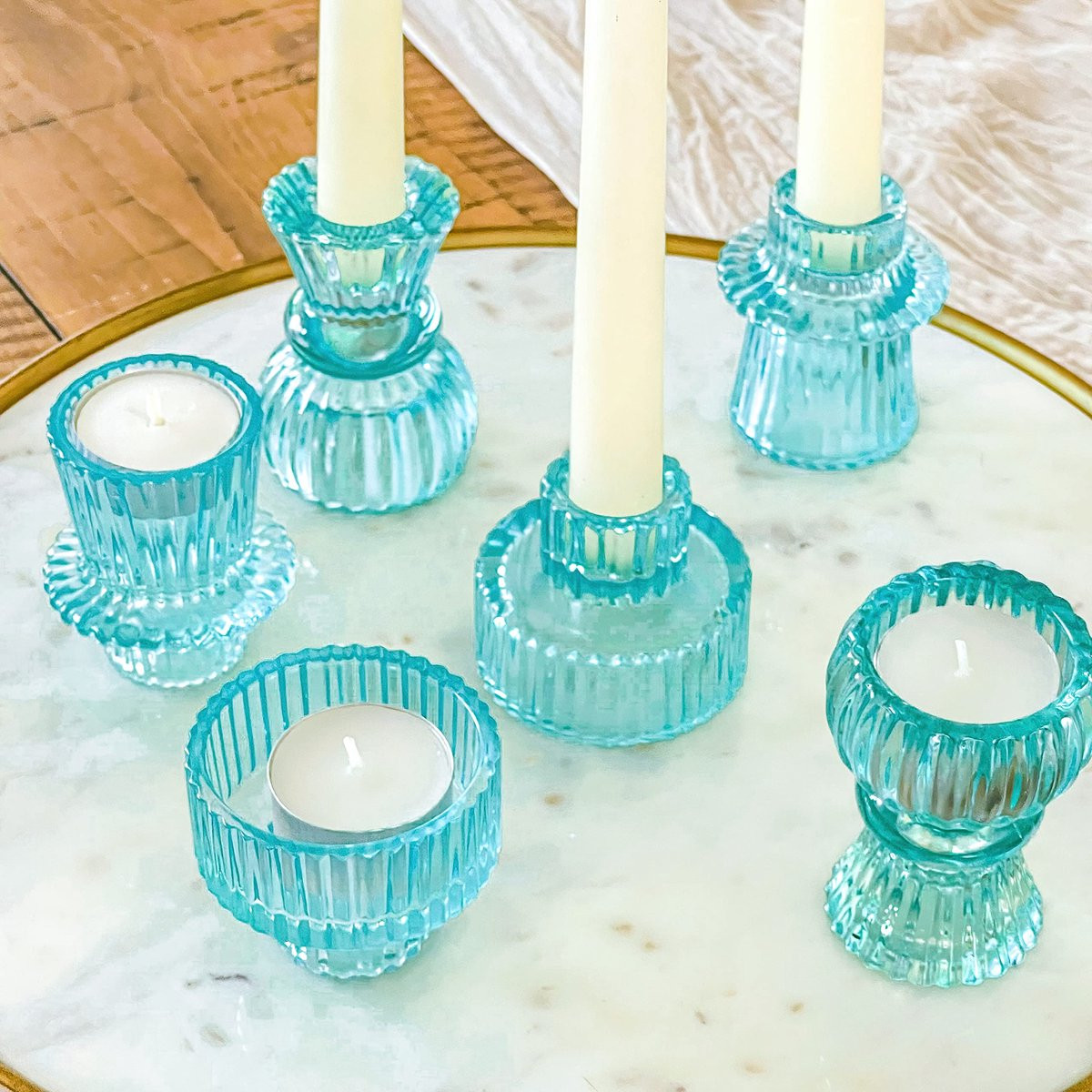 Set van 6 blauwe glazen kandelaars in geribbelde vintage stijl voor theelichthouders en votiefkaarsen