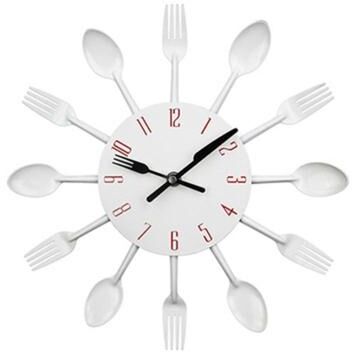 Everyday Crate Modern Cutlery Kitchen Wall Clock With Silent Quartz Movement Decorative Metal Design White