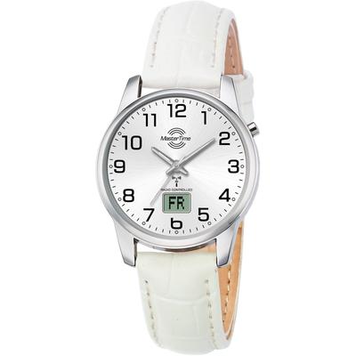 Funkuhr MASTER TIME "Basic", weiß (weiß, silberfarben, silberfarben), Armbanduhren, Damen, silberfarben, Funkuhr, Armbanduhr, Damenuhr, Datum, Leuchtzeiger, Lederarmband