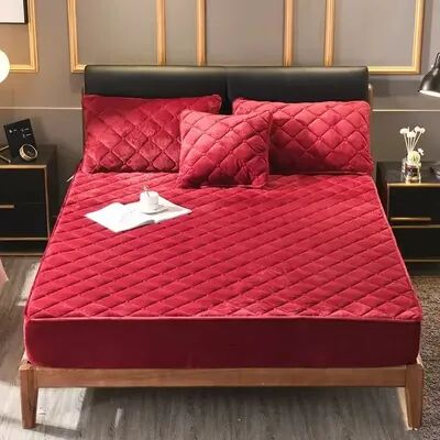Evergreen Home Goods Plush Thicken Quilted Mattress Cover, Warm Soft Crystal Velvet, King Queen Quilted Bed Fitted Sheet burgundy 150x190x30cm