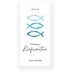 Einladungskarte Konfirmation: Bunte Ichthys in Weiß