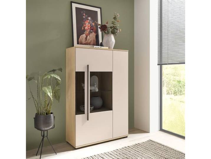 Lomadox Wohnzimmer Highboard 90 cm breit in Kaschmir Beige mit Cremona Eiche, inkl. 2 Türen & 1 Glaseinlegeboden