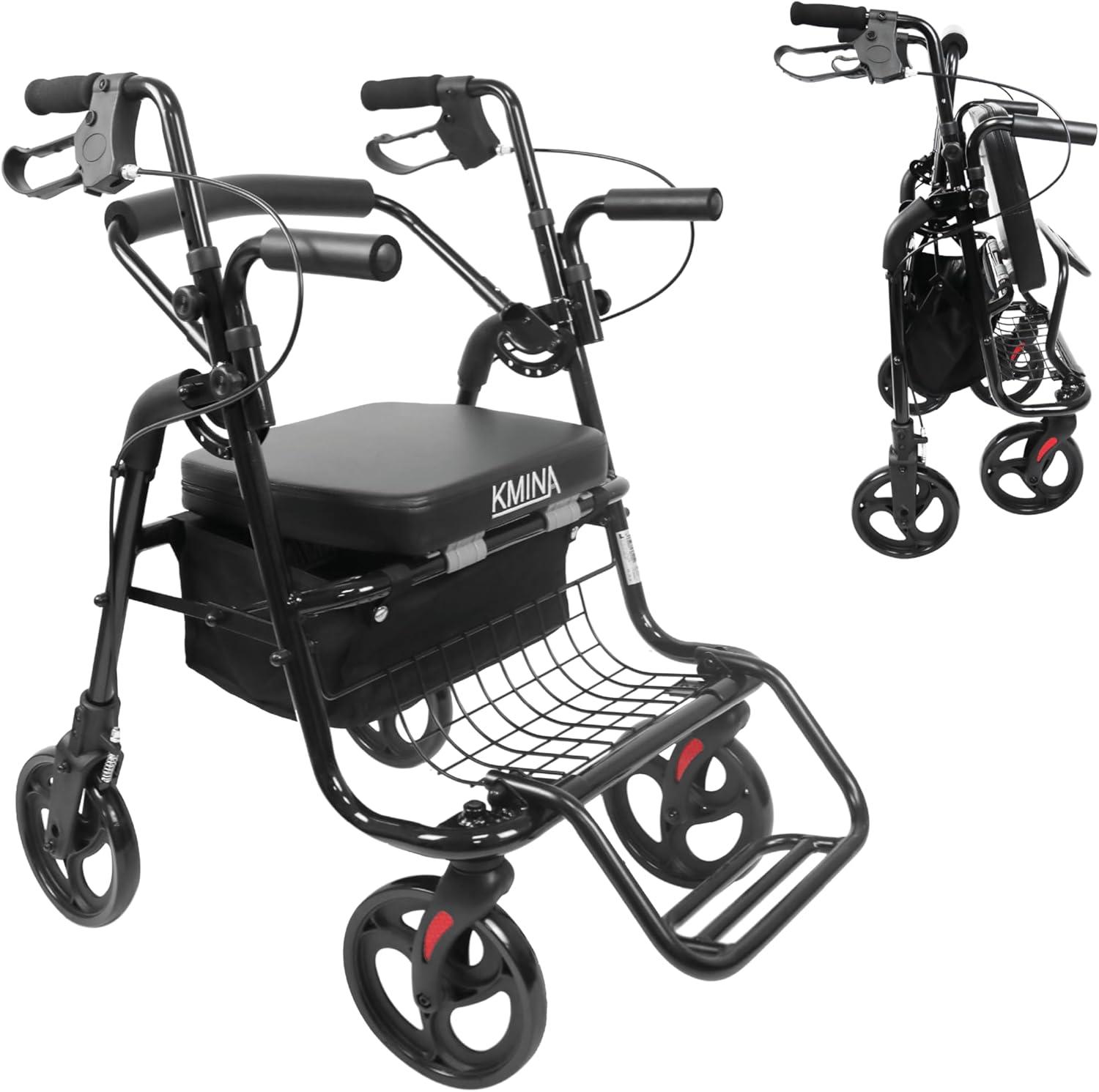 Rollator und Rollstuhl 2-in-1, geeignet für glatte Böden, mit Korb, faltbar, für Senioren, schwarz