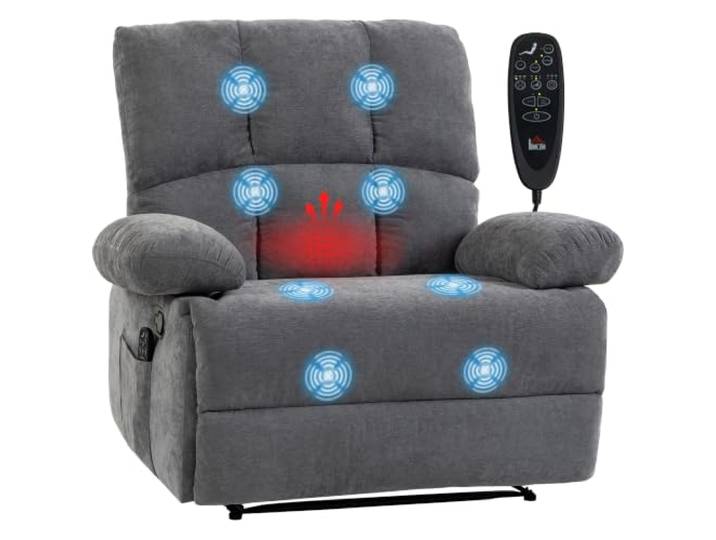HOMCOM Relaxsessel Extra Breiter Fernsehsessel mit Wärme und Tiefer Sitz Massagesessel mit Liegefunktion, Vibrationsmassage, Chenille-Optik, Seitentasche, TV-Sessel, bis 150 kg Belastbar