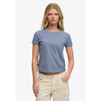 T-Shirt SUPERDRY "ESSENTIAL LOGO STR FITTED TEE", Damen, Gr. XS, blau (tidal blau stripe), Single Jersey, Obermaterial: 100% Baumwolle, gestreift, slim fit normal, Rundhals, Shirts T-Shirt, angenehmes Tragegefühl durch besonders weiche Haptik