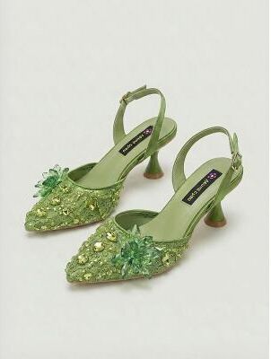 LightInthebox Women's Green Embellished Slingback Heels – Unique and vibrant, perfect for statement resort looks.