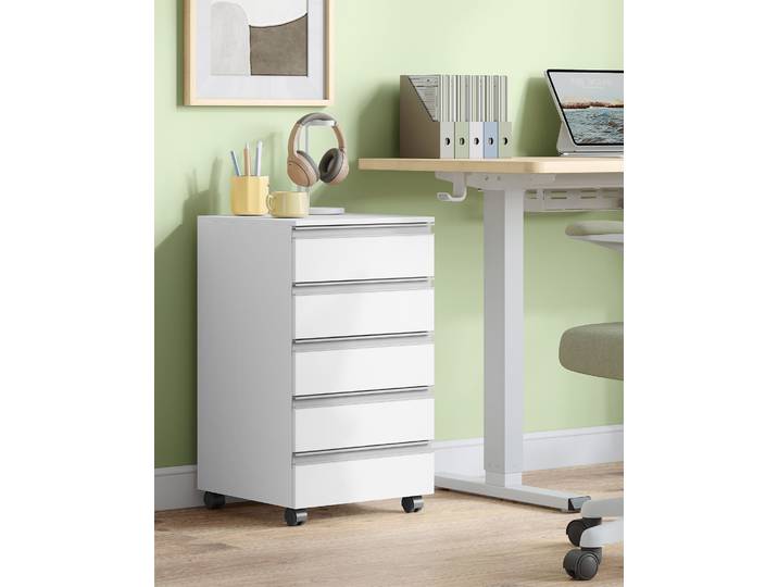 Conteneur à roulettes, armoire de classement mobile, armoire à tiroirs avec 5 tiroirs, armoire de rangement pour bureau et bureau à domicile, blanc