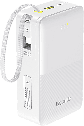 Powerbank - Baseus EnerFill Bipow 2 Pro, 30000mAh, 22.5W, Con cable retráctil Tipo-C, Carga bidireccional y simultánea, Pantalla inteligente, Blanco