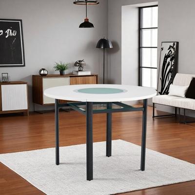 ZWYO HOSIMU "42"" Modern Round Dining Table, MDF Kitchen Table with Glass Inlay, Lower Shelf & Metal Legs"