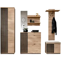GARDEROBE Set 3-teilig Eiche Jackson, schwarz 250 cm, Garderobenkombination mit 3D-Lamellen