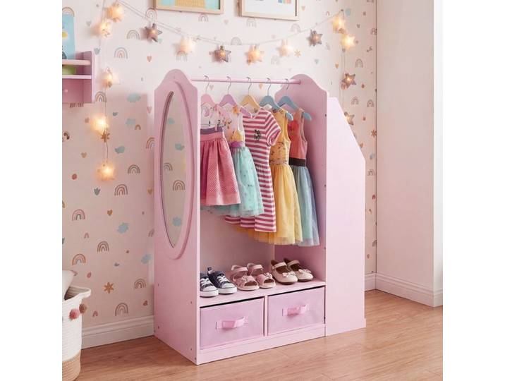 Penderie Enfant en Bois COSTWAY Miroir Acrylique Pleine Longueur 4 Tiroirs Tringle et Bibliothèque Chambre Enfant Rose Fille
